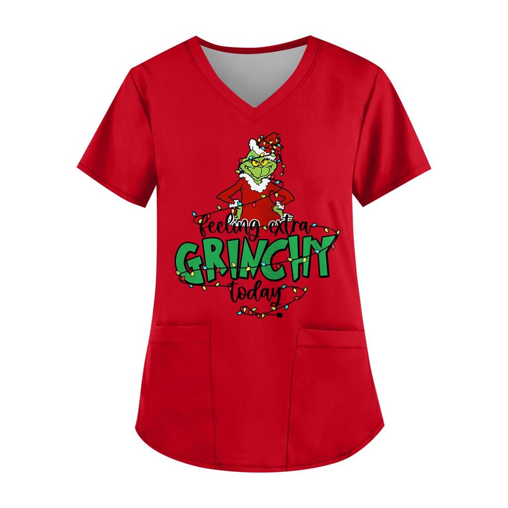 Плюс Размер Печатный Рабочий Униформа Топы Для Женщин Крест V-образный вырез Печати Короткий Рукав Забавные Футболки Рабочая Одежда Футболка С Карманами