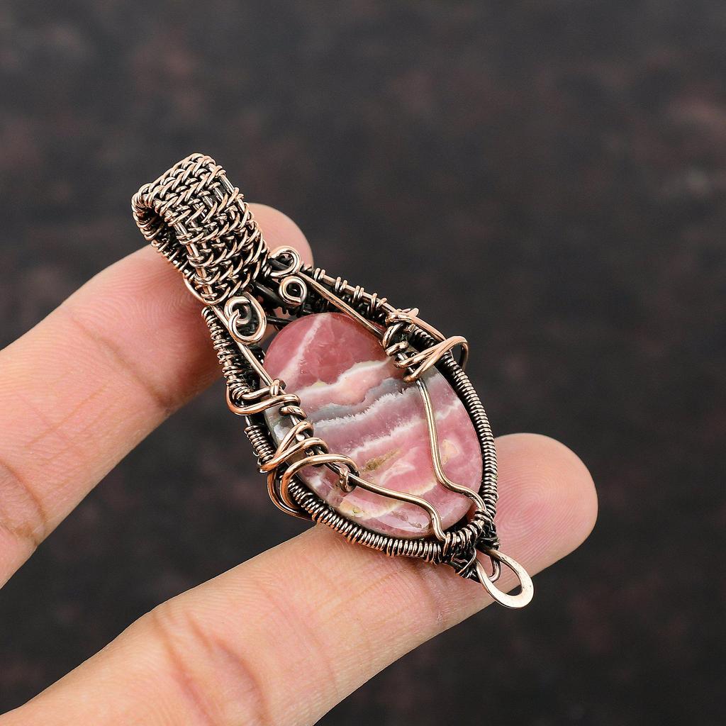 Подвеска с родохрозитом, медная проволока, кулон, драгоценный камень, медные украшения, кулон ручной работы, проволочная пленка, ювелирный подарок для мамы, кулон с камнем по случаю рождения