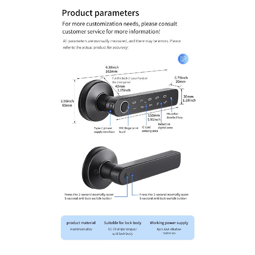 Q50 Bluetooth tuya Door Knobs Fingerprint Lock Handle Door Entrance Passage RFID CardLock With Key Password Lock IP65 waterproof