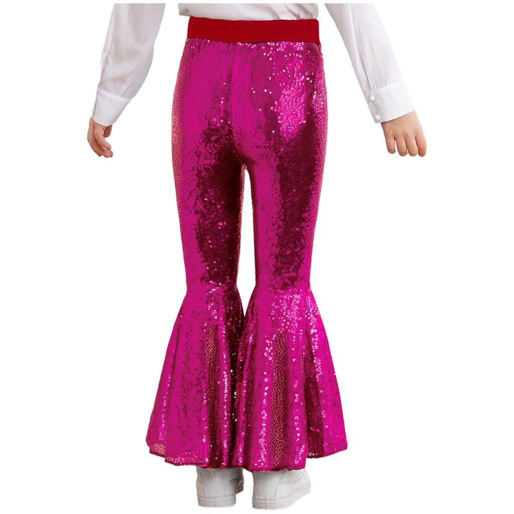 Привлекательные расклешенные танцевальные брюки для девочек: Дизайн с блестящими пайетками по всей длине ноги и эластичным поясом для свободы движений