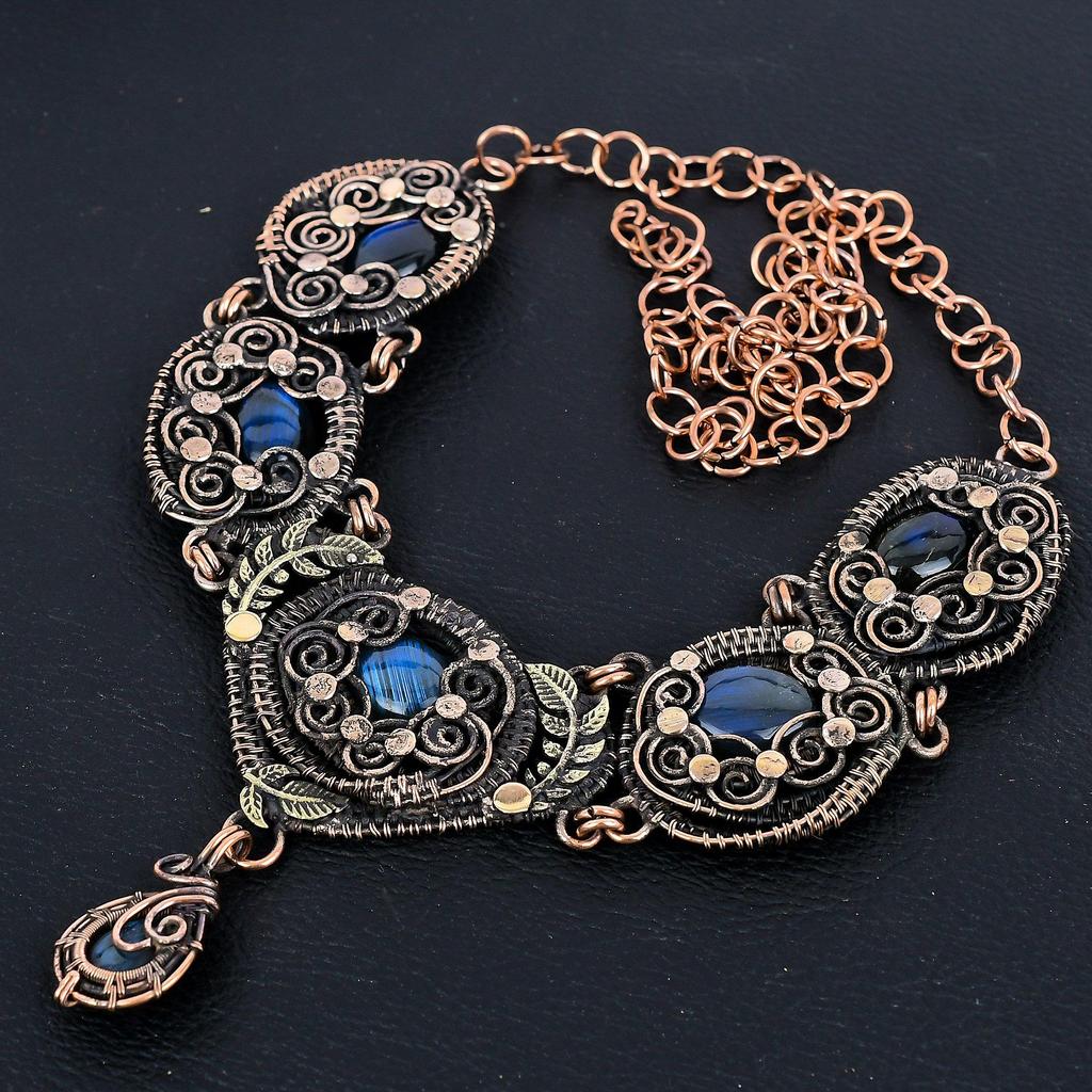 Ожерелье из лабрадорита, ювелирное изделие из драгоценного камня, ожерелье с регулируемой цепочкой, обернутое медной проволокой 999 пробы, подарок для женщин, ожерелье ручной работы