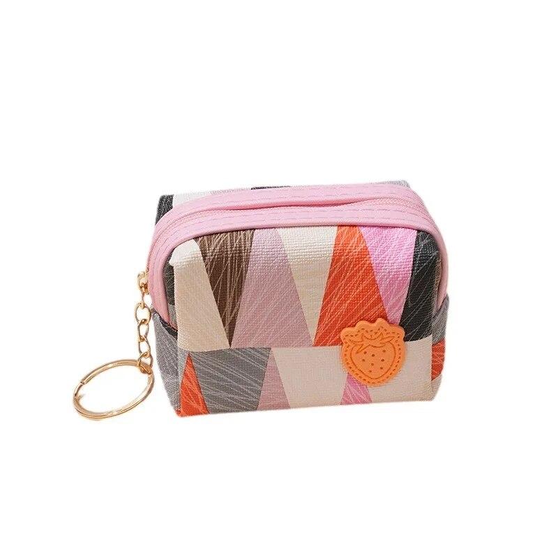 Student's Small PU Leather Zipper Key Coin Cards Lipstick Organizer Pouch Korean Colored Geometric Coin Bags Purse for Women