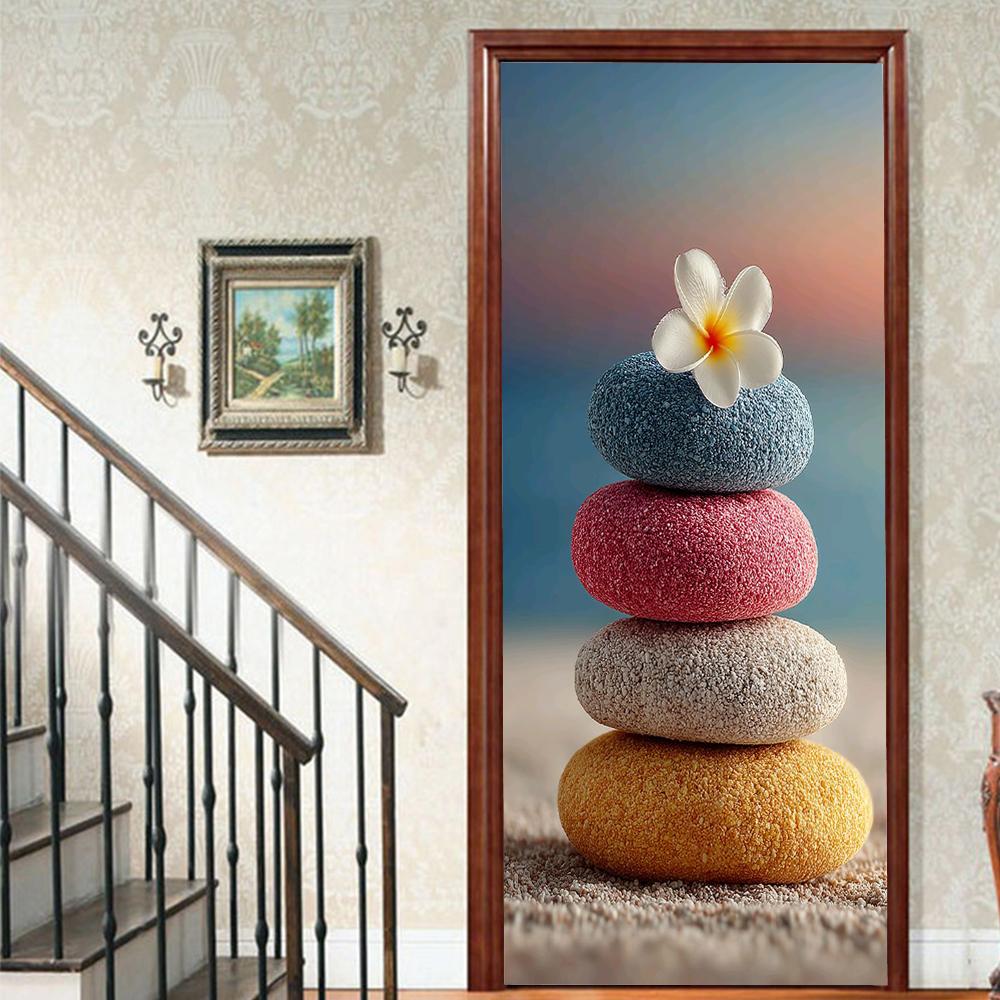 1 шт. Виниловая наклейка на дверь с галькой и пейзажем для спальни, домашнего декора, самоклеящаяся, съемная, настенная наклейка, для реновации двери, водонепроницаемый постер