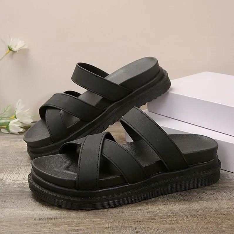 Summer Flat Women's Slippers Gladiator Beach Sandals Slides Cross Belt Platform Solid Colour Heeled Flip Flops Size 36-43