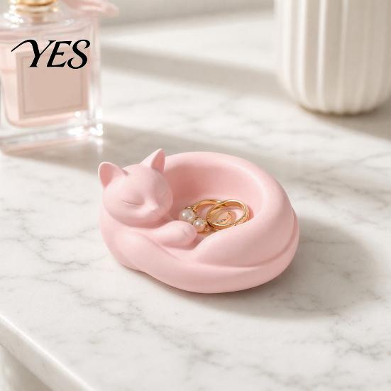 Burr-free Cat Sculpture 3D Printed Curled Sleeping Planter, Multi-Functional Figurine with Bowl-Holding & Ring Tail Decoration Slot, Matte Finish