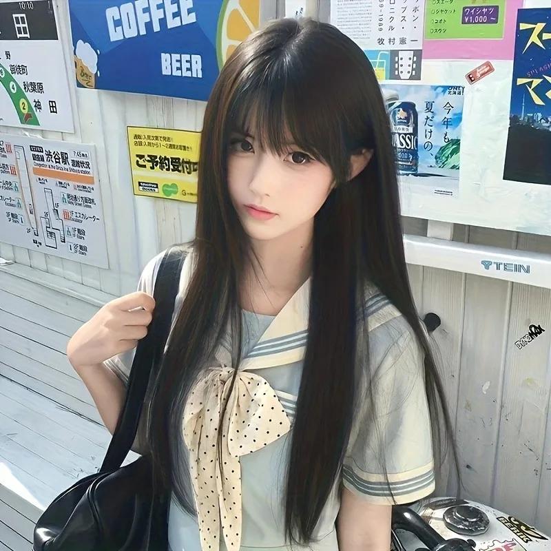 Модный 26-дюймовый синтетический парик - черные длинные прямые волосы - волосы для косплея на Хэллоуин - повседневный парик - высокотемпературный аксессуар для волос