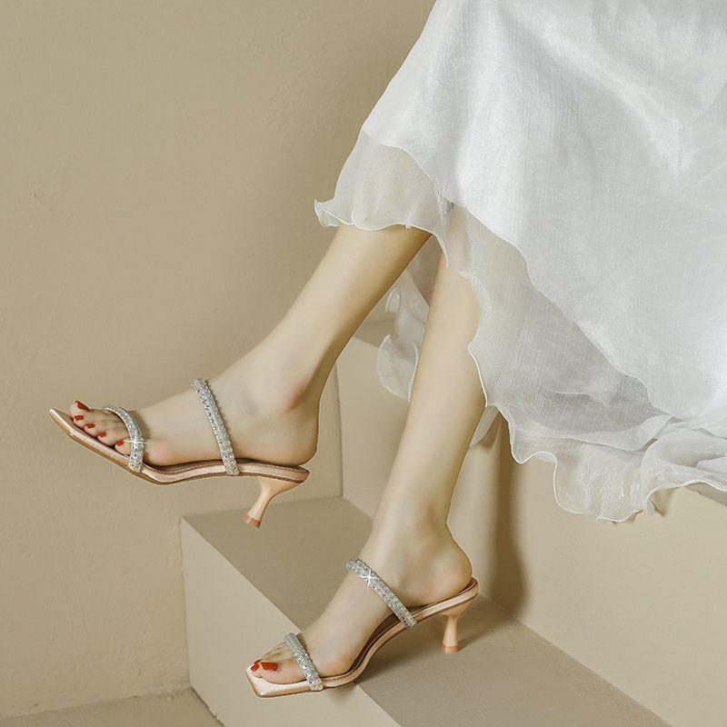 Туфли на высоком каблуке женские, лето 2025, односложные, со стразами, квадратная головка, тонкие каблуки, тапочки, женская одежда, босоножки на высоком каблуке, женские