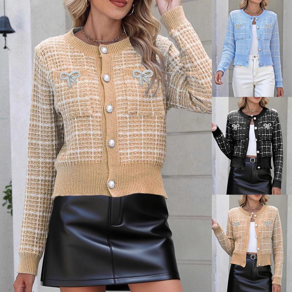European and American women's plaid knitted cardigan women's small fragrant temperament jacket bright brick bow pearl buckle fashion sweater