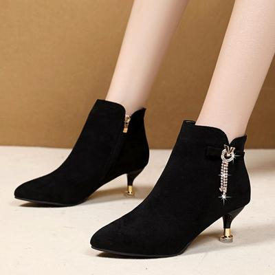 Черные туфли с острым носком, осенне-зимние, женские, короткие, элегантные со стразами, на среднем каблуке, ботильоны для женщин, готические, распродажа, ботильоны