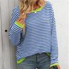 Women's Clothing Contrast Color Casual Striped Sweater Long Sleeves Round Neck