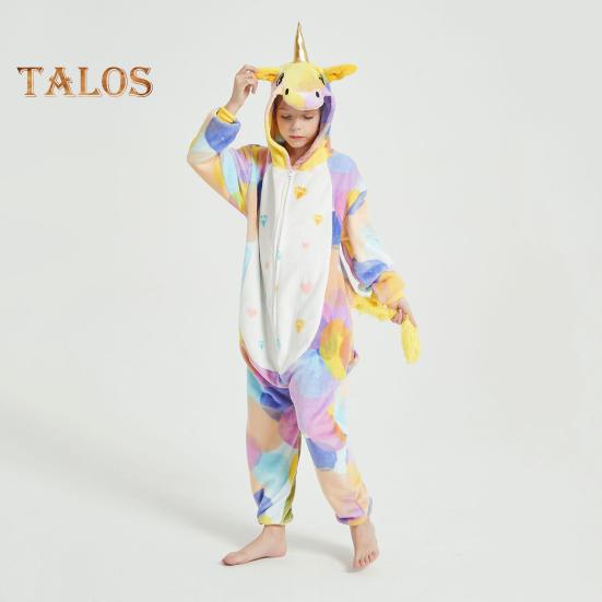 Flannel Lounge Jumpsuit with Exclusive Animal Hat Bright Colored Pajamas Long Sleeve Starry Pattern Cartoon Style Lounge Kids Daily Wear