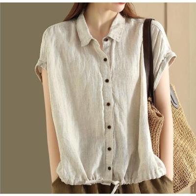 Топ из хлопка с короткими рукавами, женская повседневная рубашка в стиле темперамент, летние блузки, кардиган на шнурке, универсальный, художественный