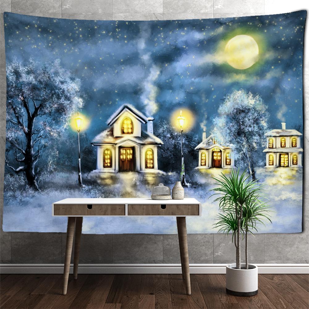 Рождественская елка Снежная сцена картина маслом гобелен настенный богемный стиль хиппи психоделический колдовство комната домашний декор