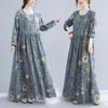 Cotton and Linen Breathable Dress In Spring and Summer Oversized Printed Round Neck Long Sleeve Large Swing Dress
