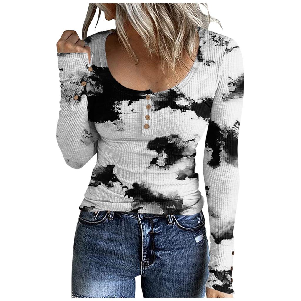 Women's T-shirt Fashion Casual Printed U Collar Button Long Sleeve Top