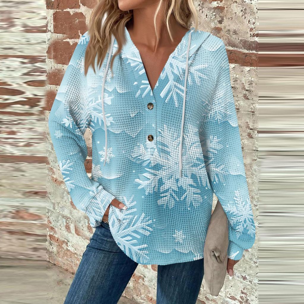 Женский повседневный топ с длинными рукавами, пуговицами, V-образным вырезом, рождественским принтом, завязками и капюшоном