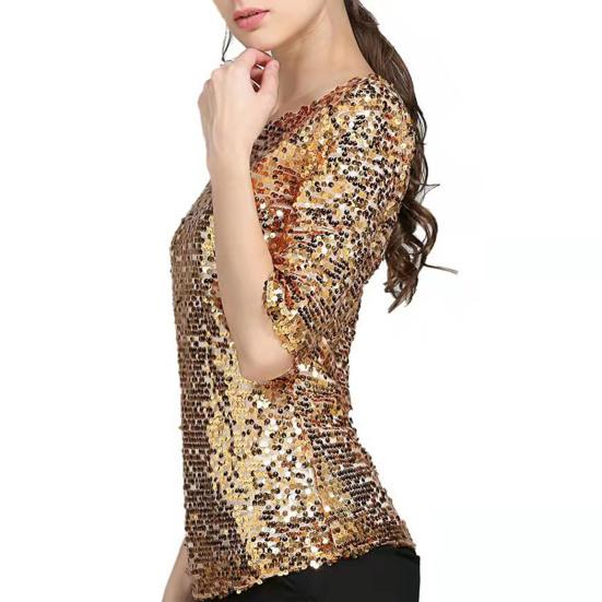 Women Sequin Top Sparkling T Shirt Stylish Comfortable Mid Sleeve Blouse Streetwear for Stage Performances Daily Wear