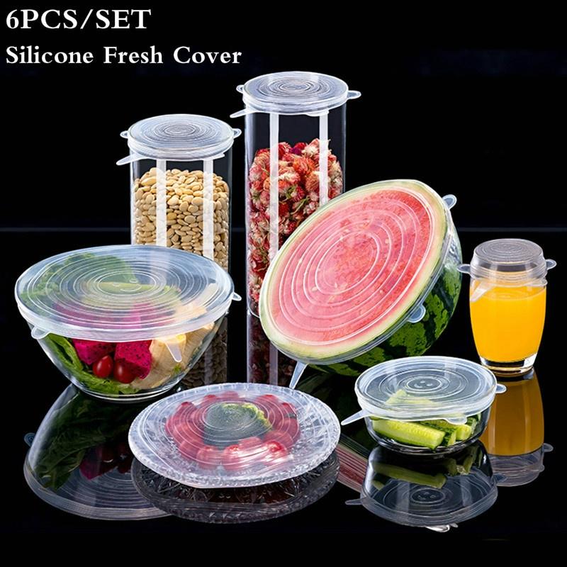 6 Pcs/Set Silicone Cover Fresh Keeping Stretch Lids Caps for Food Pot Dish Kitchen Accessories
