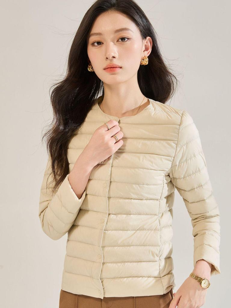 Women's White Duck Down Short Winter Jacket - Lightweight, Warm, Round Neck Inner Lining, Outerwear