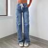 Women Mid Waisted Cargo Jeans Straight Wide Leg Denim Pants with 6 Pockets Casual High Stretch Baggy Jeans