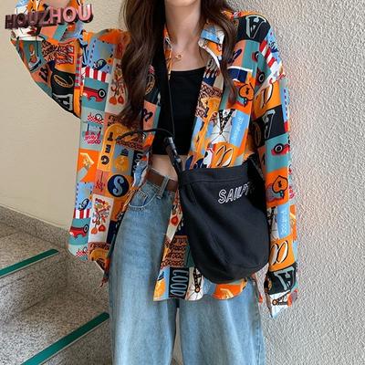 Винтажная рубашка, осенняя женская одежда, топы в уличном стиле, блузка в стиле Харадзюку в стиле бохо для женщин, рубашка с длинным рукавом, повседневная рубашка с принтом