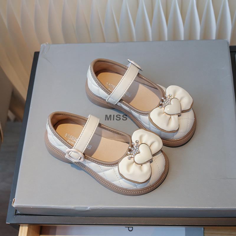 Spring Kids Leather Shoe Cute Sweet Crown Bowknot Princess Shoes for Girls 2024 Fashion Black Beige Children's Flats Mary Janes