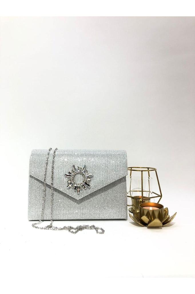 Women's Sea Bream Material Stone Accessory Magnetic Envelope Cover Usable Evening Dress Bag with Shoulder Strap