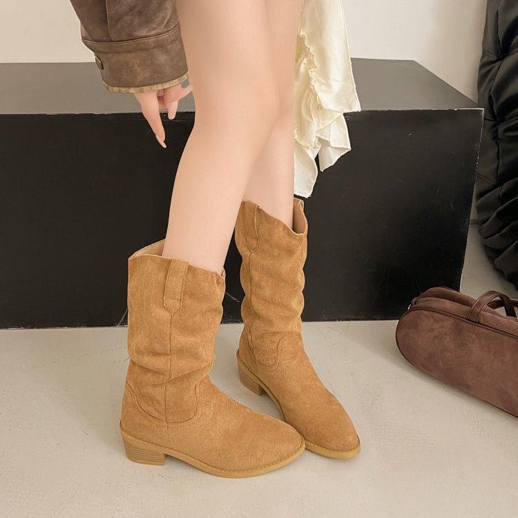 Ретро женские ковбойские сапоги средней высоты до икры с увеличивающим рост каблуком - Издание Осень 2025