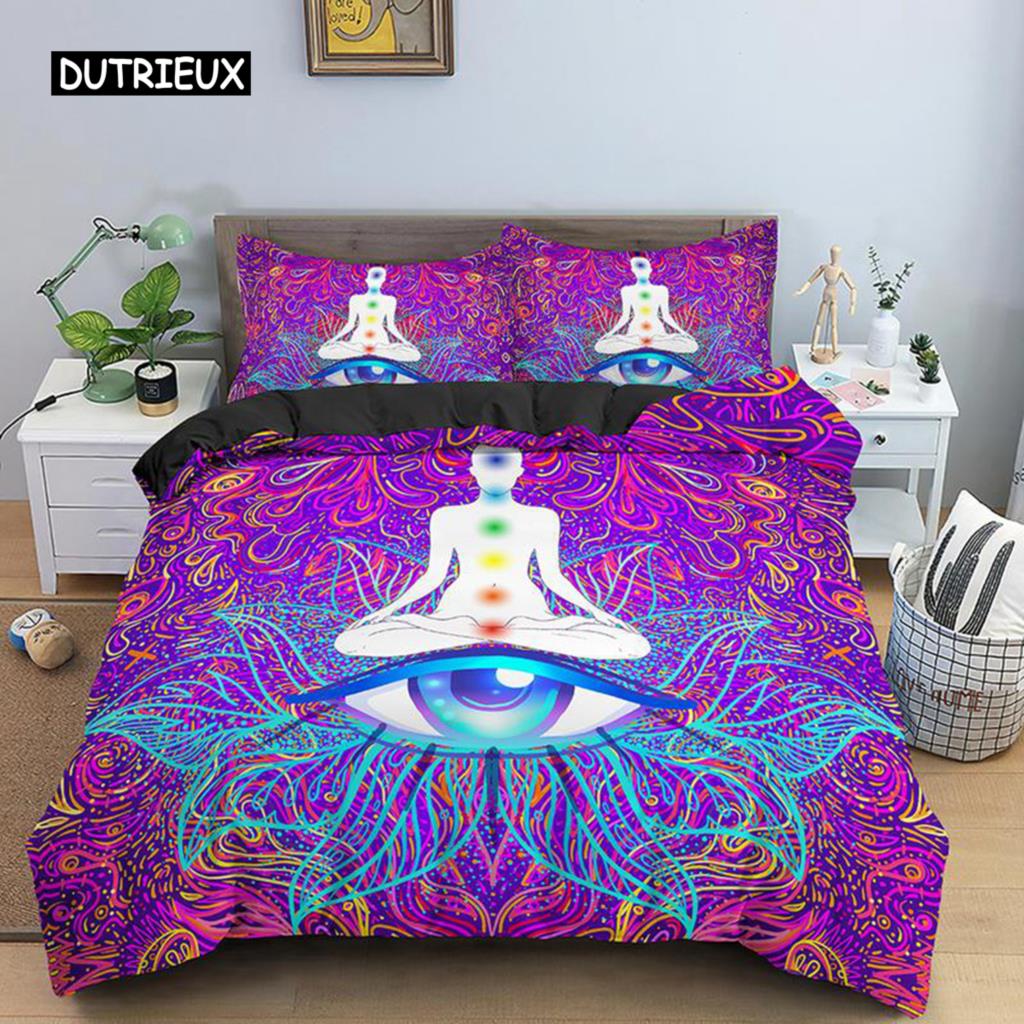 Пододеяльник для йоги King Queen Chakra Meditation Комплект постельного белья Blue Mandala Boho Hippie Style с Chakra Art Полиэстеровый пододеяльник