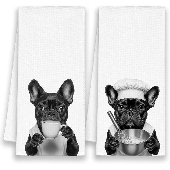 Dog French Bulldog Kitchen Towels, Funny Cute Hand Bathroom Towels Gifts for Dog Lovers Chef, Black and White Retro Tea Dish Towel Decor for Coffee