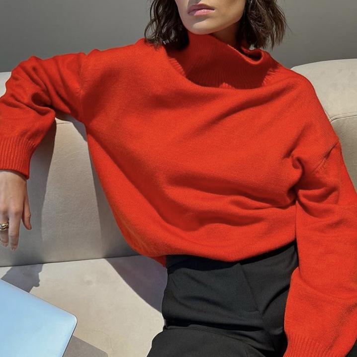 Autumn and Winter High Neck Loose Knitted Top Solid Color Casual Long Sleeve Knitted Sweater