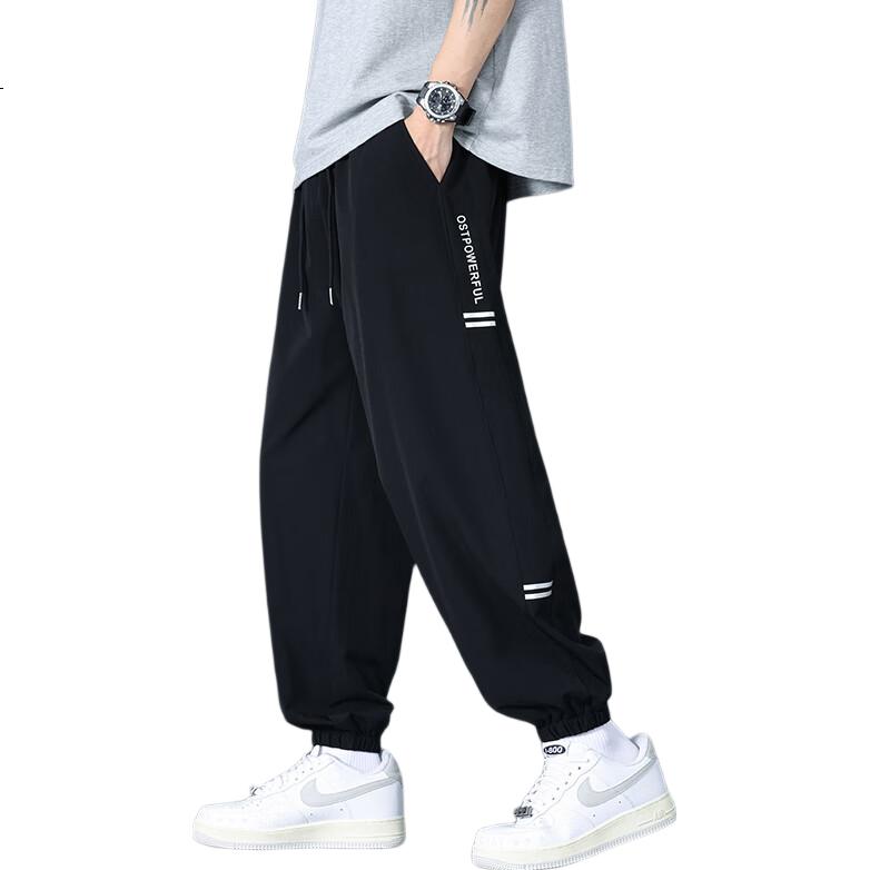 Foss Phil Men's Casual Pants, Summer Ice Silk Thin Style, Elastic Ankle, Loose Wide-Leg Versatile Sports Trousers, 29093 Black, 3XL