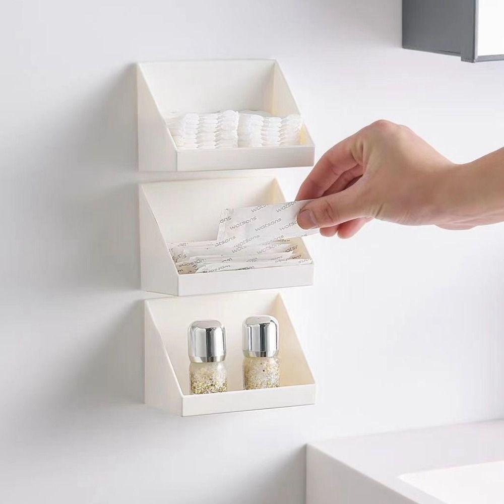 Plastic Mirror Cabinet Organizer Wall Mounted White/Transparent Oblique Opening Storage Box Perforated Free Self Adhesive