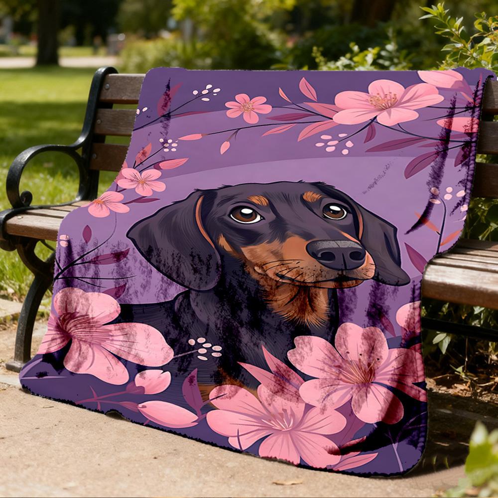 1pc Dachshund Floral Print Outdoor Flannel Blanket , Machine Washable Perfect Gift for Birthday , Holiday Travel Accessory , Durable Material