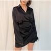 Womens V-Neck Mini Dress Solid Color Fresh Sweet Style A-Line Long Sleeve
