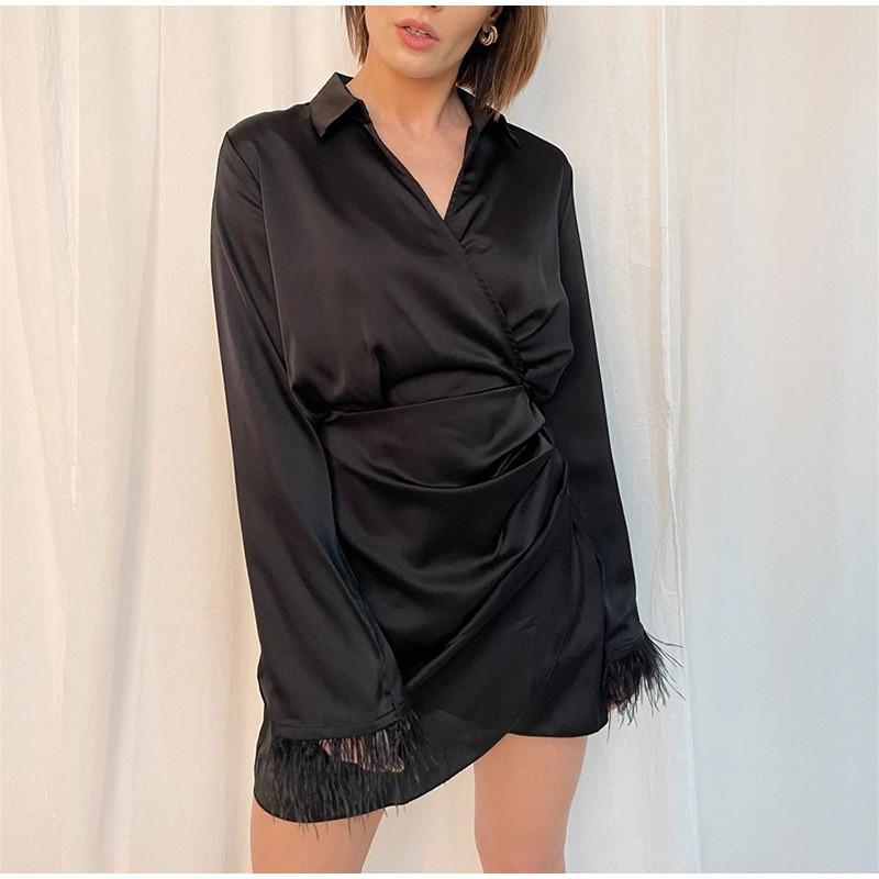 Womens V-Neck Mini Dress Solid Color Fresh Sweet Style A-Line Long Sleeve
