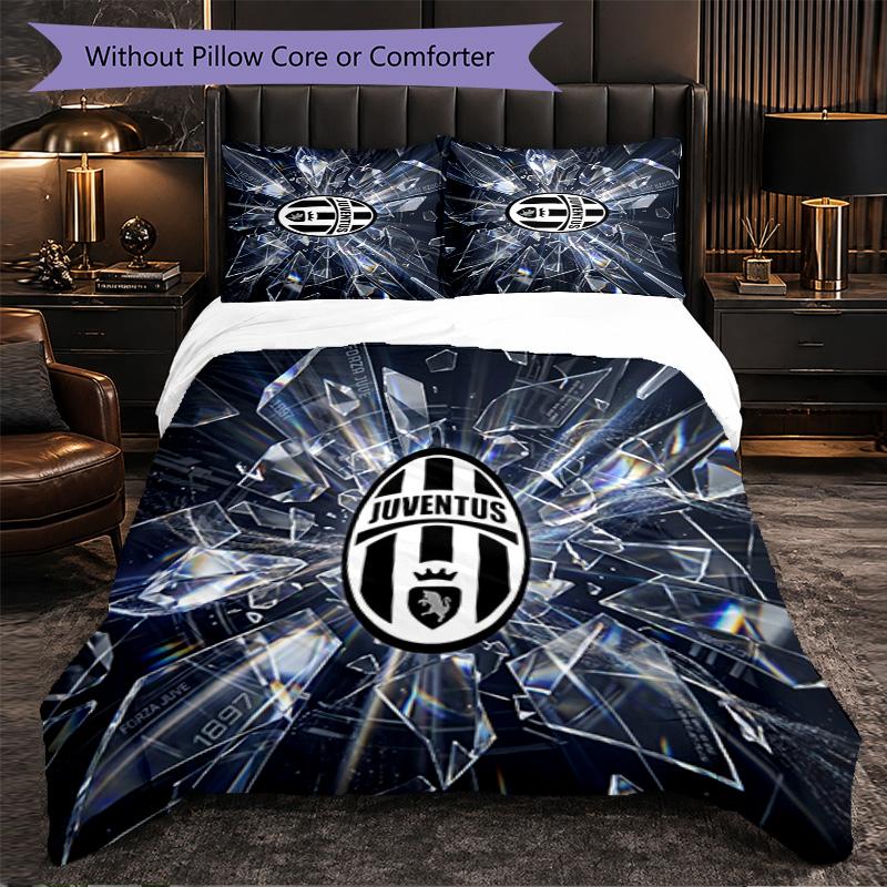 Juventus FC Pattern 3 Pieces Bedding Set Soft Microfiber Duvet Cover with Pillow Cases for Bedroom