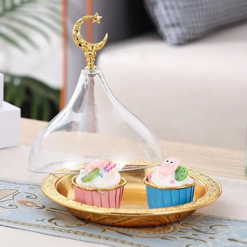 Metal Ramadan Tray with Clear Dome Acrylic Lid Mini Cake Candy Tray Reusable Dessert Tray Round Food Storage Organizer for Nuts
