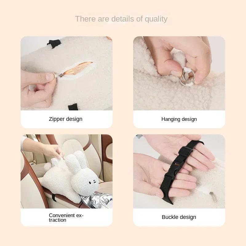 Car Hanging Tissue Box Set - Cute Rabbit & Cat Plush Design, Black/White Options, Soft Stuffed Car Back Seat Tissue Holder