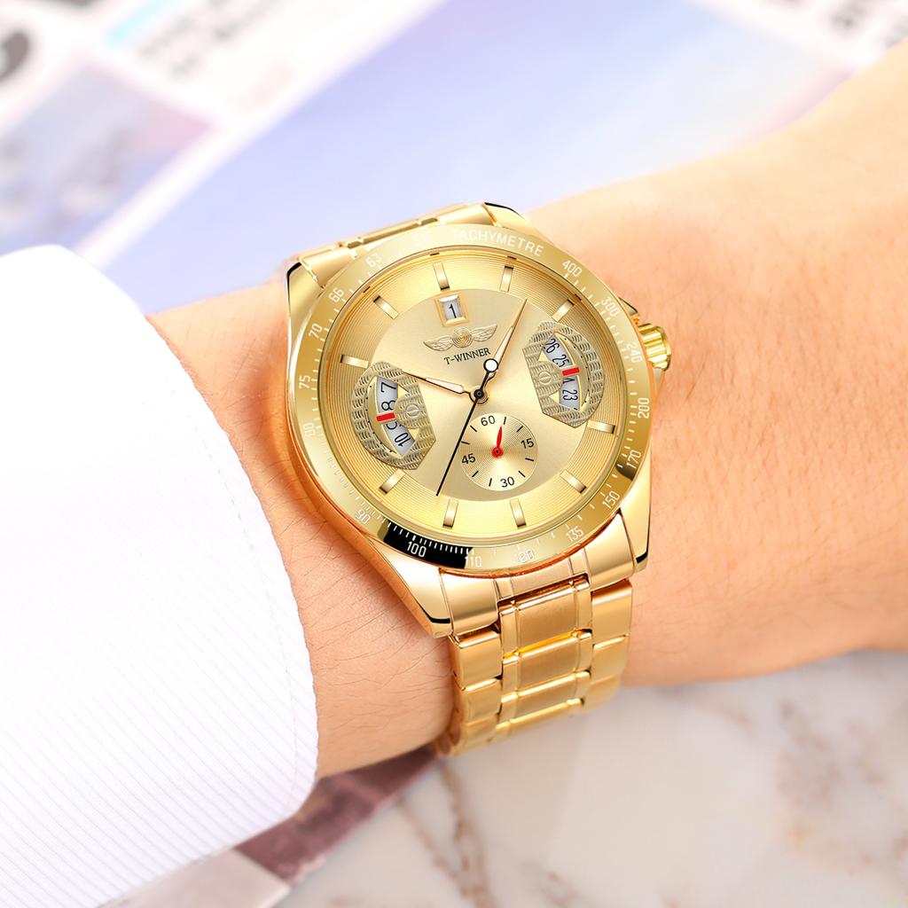 WINNER Спортивные золотые автоматические часы для мужчин, отображение даты, люминесцентные стрелки, ремешок из нержавеющей стали, роскошные механические часы высшего бренда