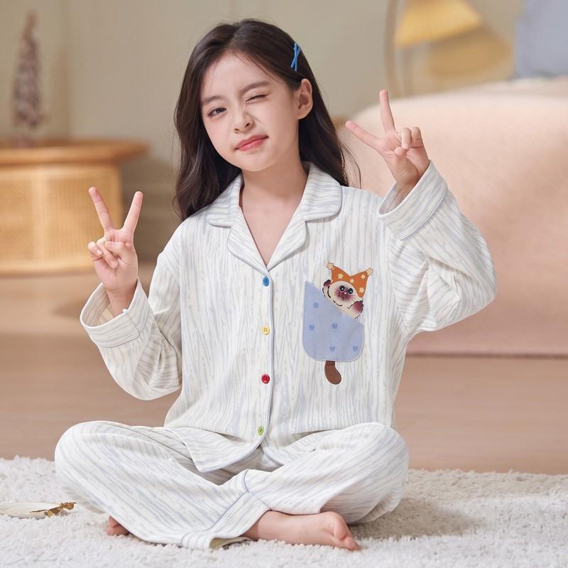 Cotton Girls Pajama Set Long Sleeve Cartoon Print Sleepwear Kids Teens Home Wear