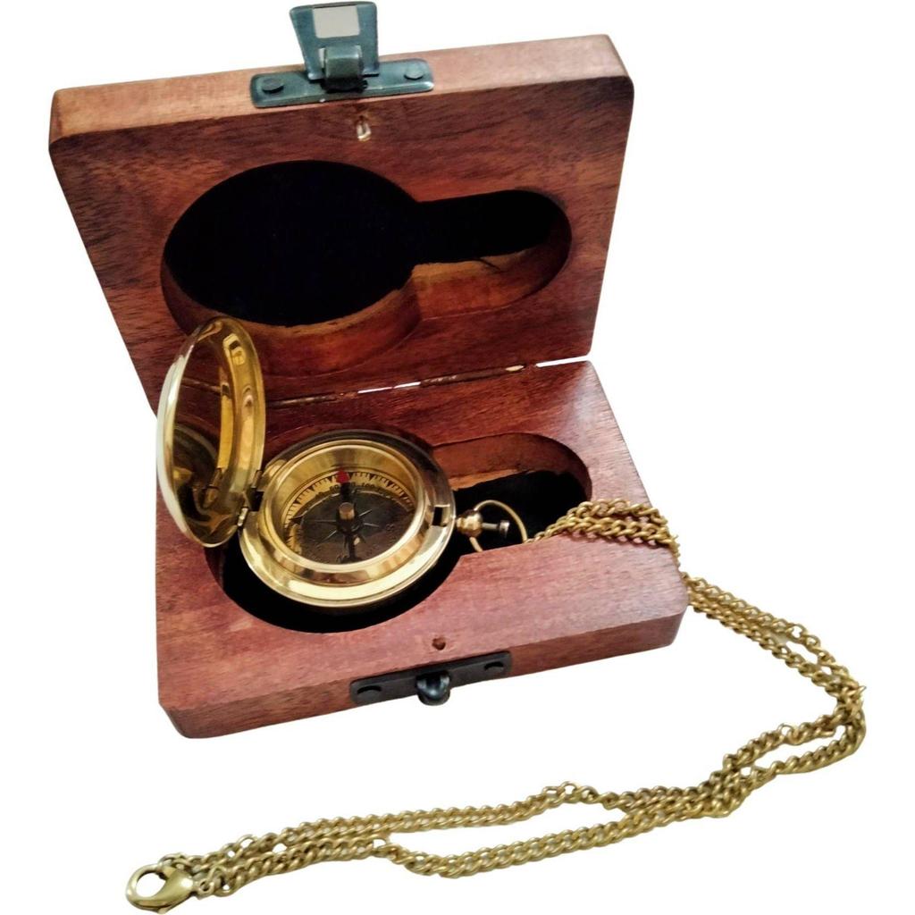 India Brass Push Button Lid Compass Chain with Gift Wood Box Compass (Gold