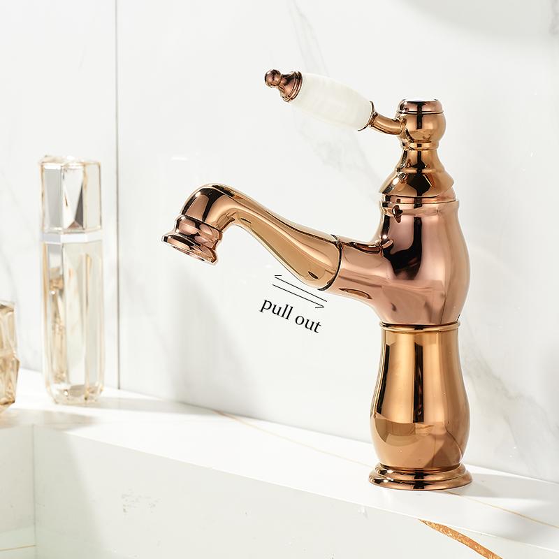 BAKALA Pull Out Bathroom Basin Sink Faucet Hot Cold Water Mixer Tap Golden Faucets Crane with Spray Tall Bathroom Faucet