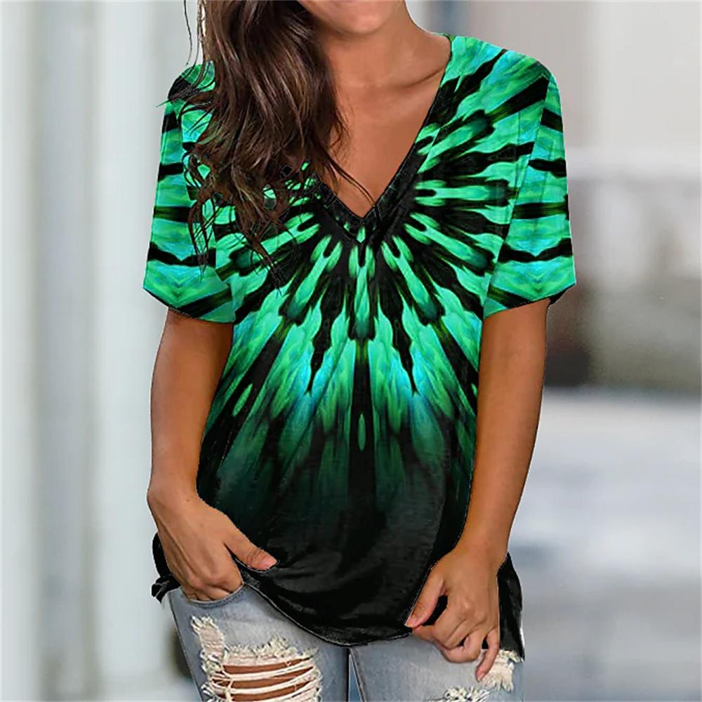 Летний топ с V-образным вырезом и 3D-принтом, модные повседневные женские футболки с короткими рукавами