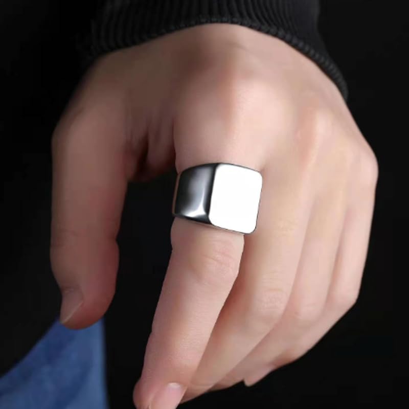 [N-Style] Seal Stand Ring Ring Stainless Square Thick Wide Rugged Larger Simple Men's Gold Silver Fashionable Cool (Silver, 19)