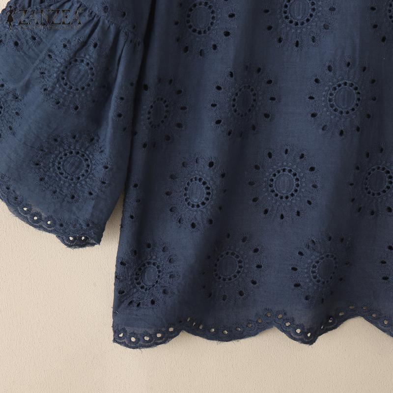 ZANZEA Женская повседневная блузка с круглым вырезом и рукавом 3/4, свободная кружевная блузка в стиле пэчворк