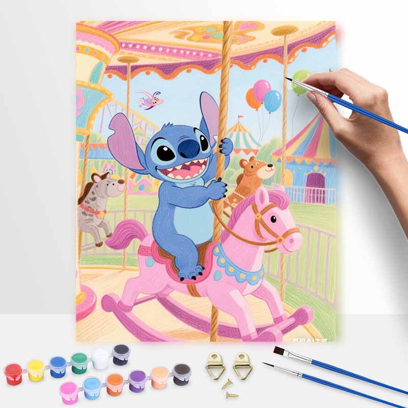 Disney Digital Oil Painting Art Kit Stitch Carousel Pink Horse Carnival Hand Filled Home Decor