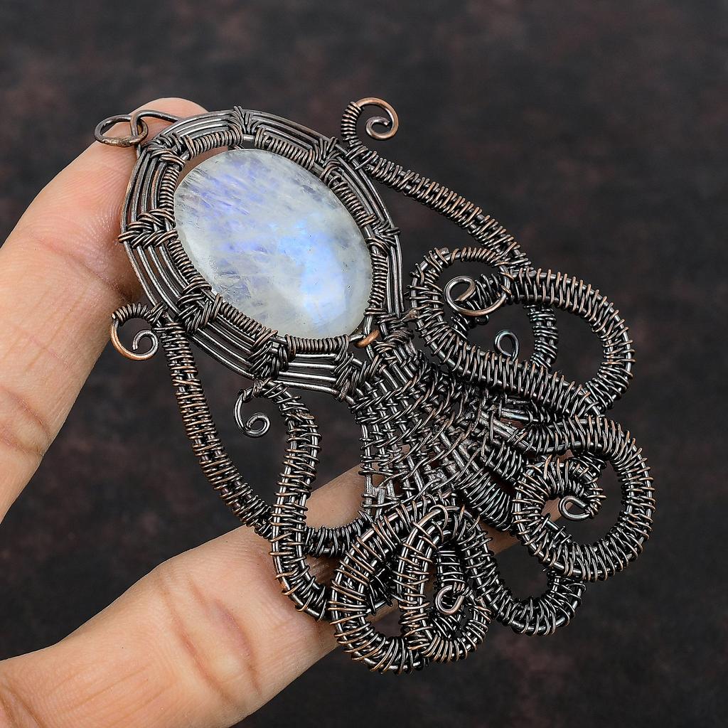 Rainbow Moonstone Pendant Copper Wire Wrapped Gemstone Pendant Octopus Pendant Copper Wire Wrap Jewelry Gift For Her Handmade Unique Pendant