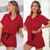 Women’s Sleeping Suits Rayon Short Sleeves Pajamas Button Up Piped Shirt and Shorts 2 Pieces Set Summer Home Night Sleep Casual Lounge Wear