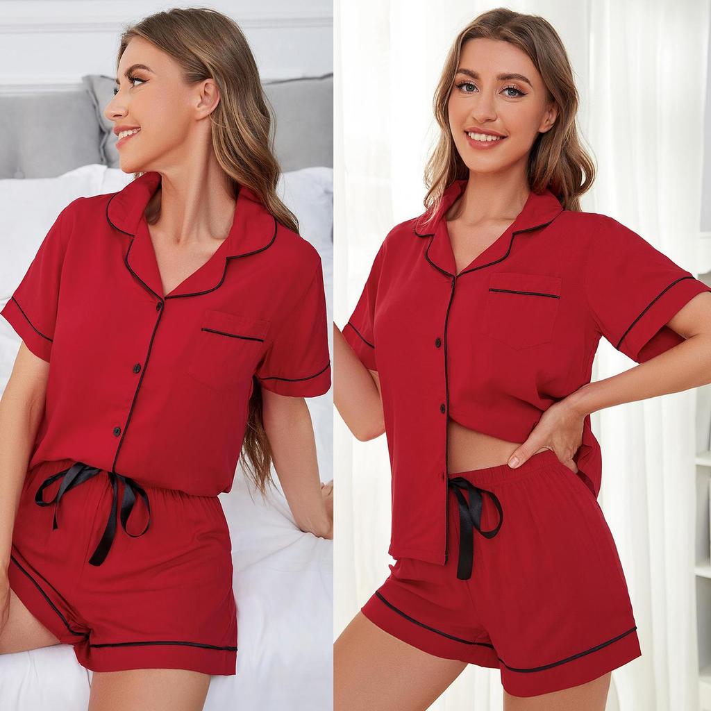 Women’s Sleeping Suits Rayon Short Sleeves Pajamas Button Up Piped Shirt and Shorts 2 Pieces Set Summer Home Night Sleep Casual Lounge Wear